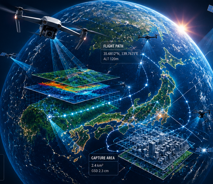 ドローンによる空からの観測、撮影範囲、点群・3D化の流れを重ねた地球の概念図
