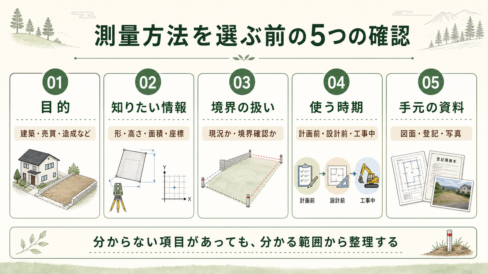 測量方法を選ぶ前に確認する目的、知りたい情報、境界の扱い、使う時期、手元の資料の五項目を示す図解