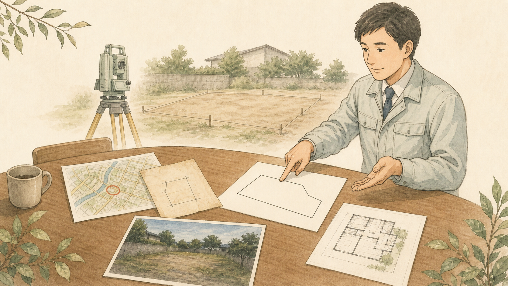 所在地資料、古い図面、現況写真、建築計画を前に、測量の相談内容を整理する場面の図解