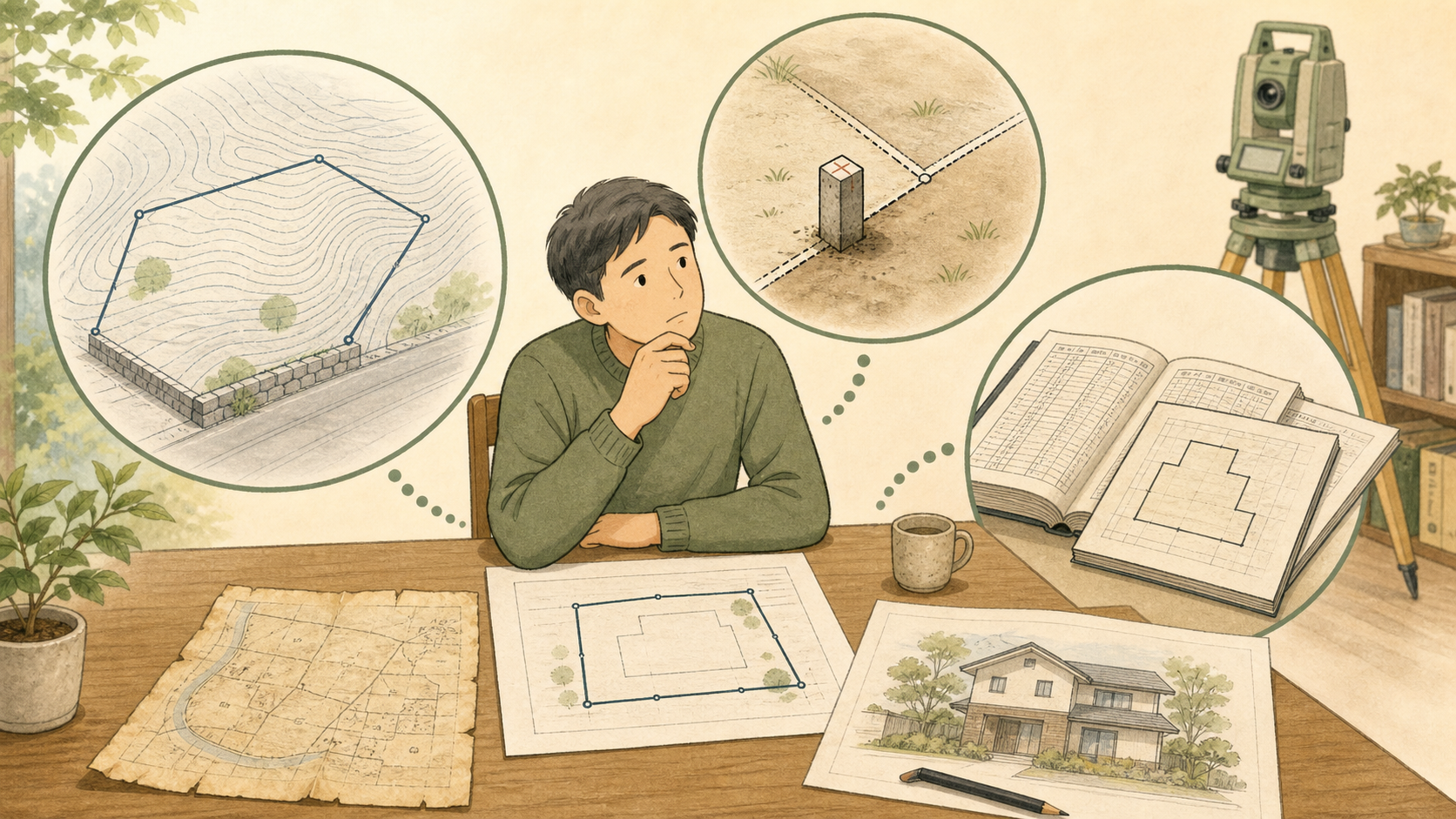 土地の高低差、境界、登記に関する資料を前に、必要な確認を整理する人のイメージ図