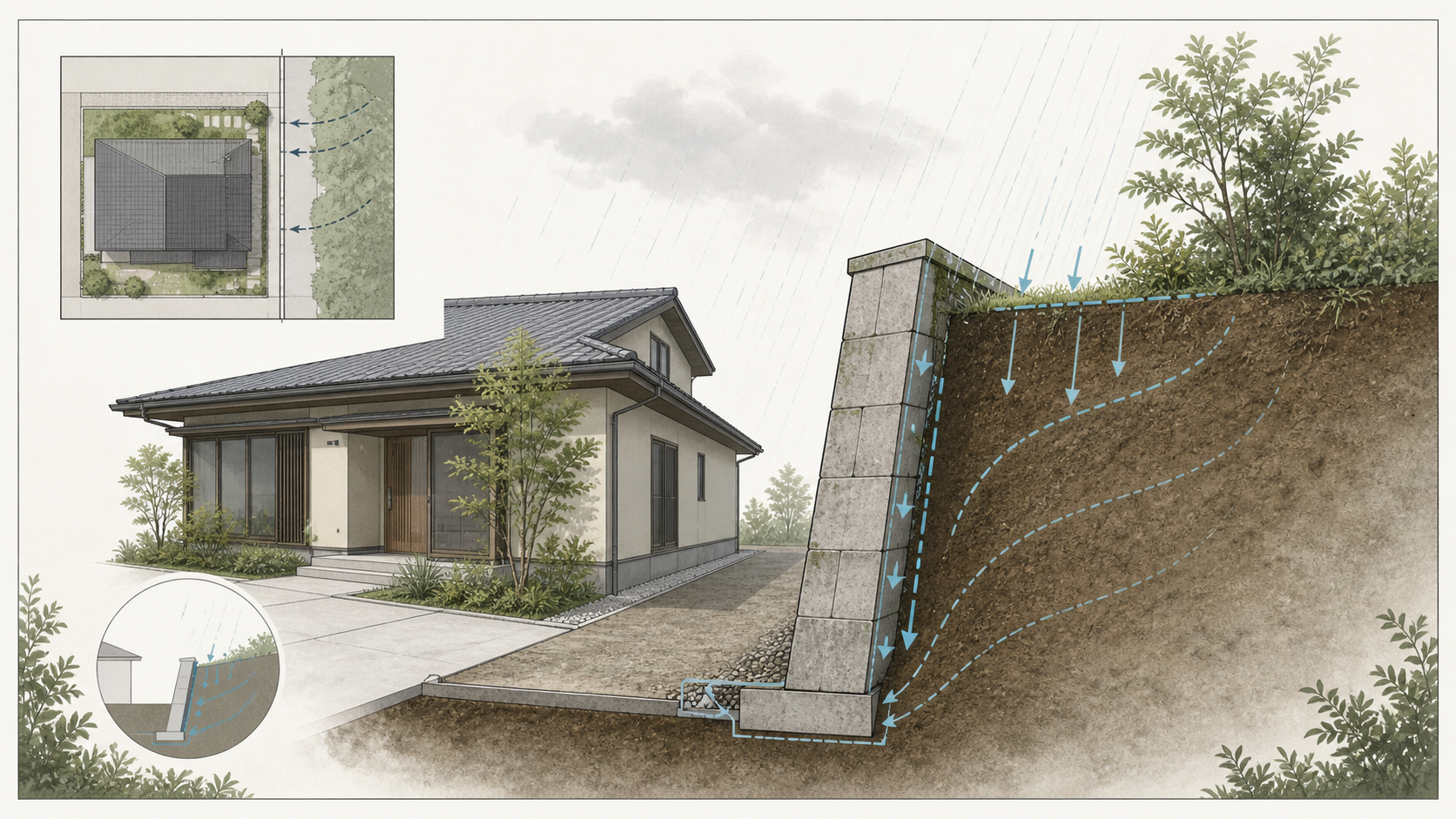 家屋、古いブロック擁壁、背面の土、雨水の流れの関係を示す図