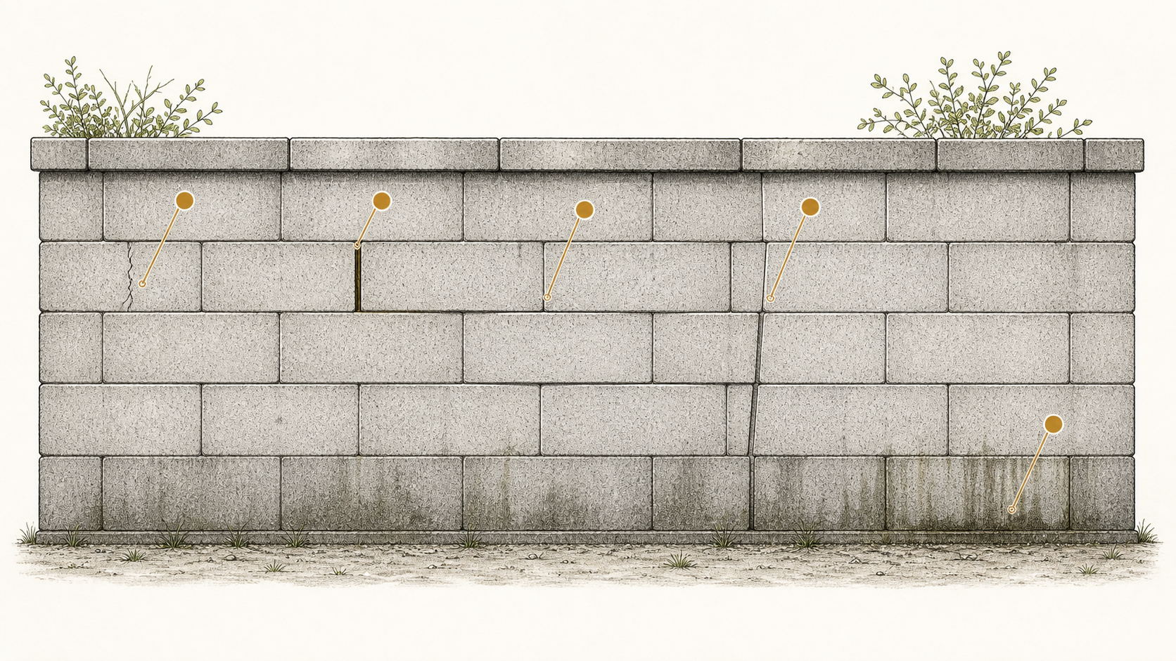 古いブロック擁壁で確認するひび割れ、傾き、ふくらみ、排水、足元を示す図