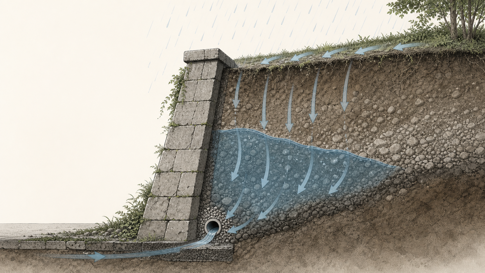 擁壁の背面に入る雨水と排水経路を説明する断面イメージ